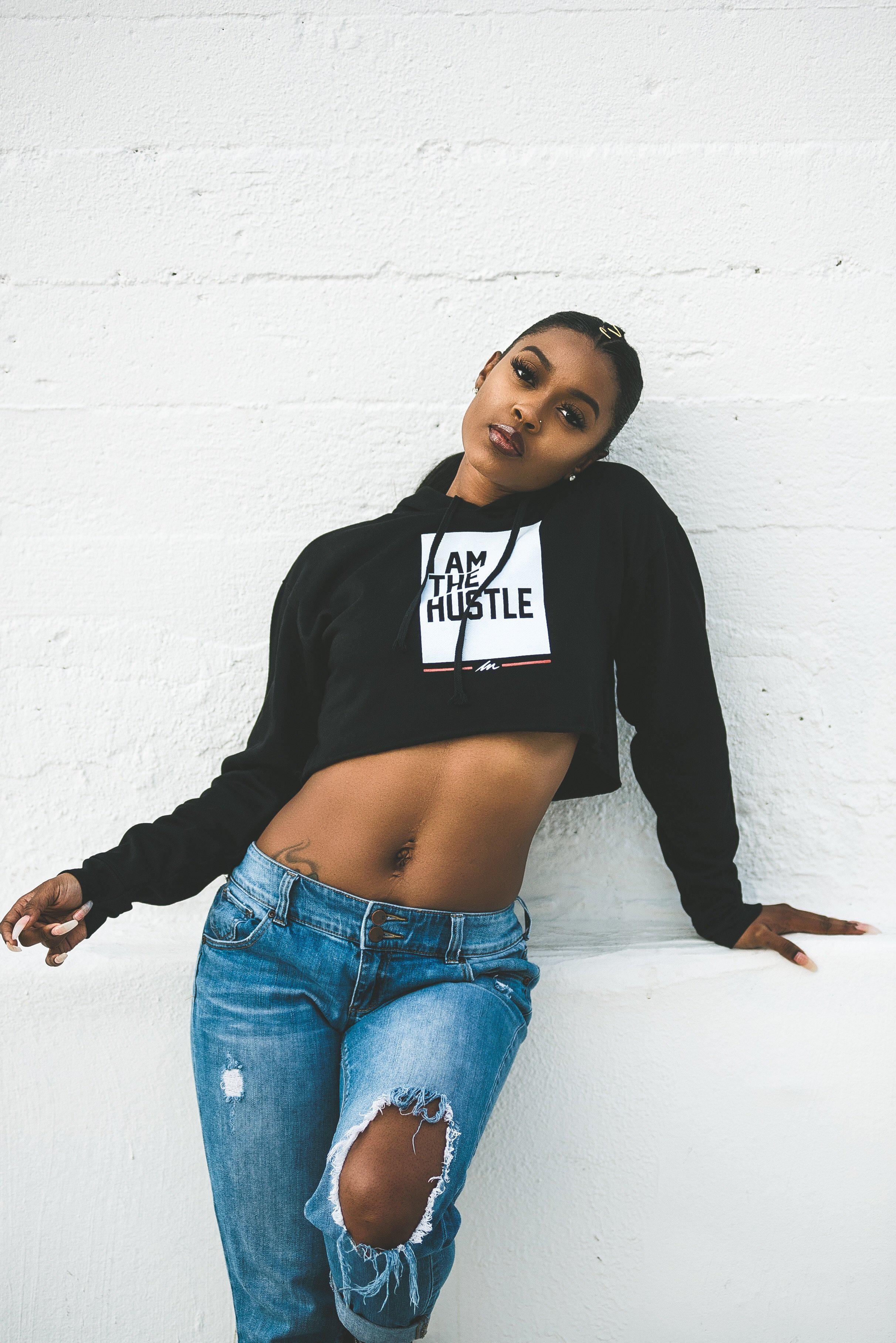 Ladies I Am The Hustle Flag - Black Crop Hoodie-money_motivation_brand