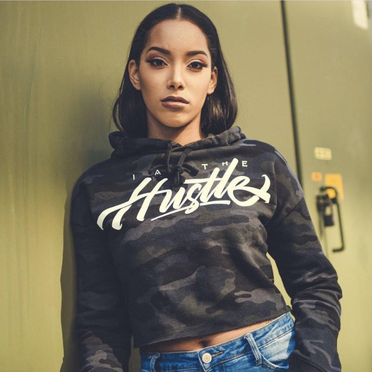 Ladies I Am The Hustle White Graffito - Black Camo Crop Hoodie-money_motivation_brand