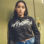 Load image into Gallery viewer, Ladies I Am The Hustle White Graffito - Black Camo Crop Hoodie-money_motivation_brand
