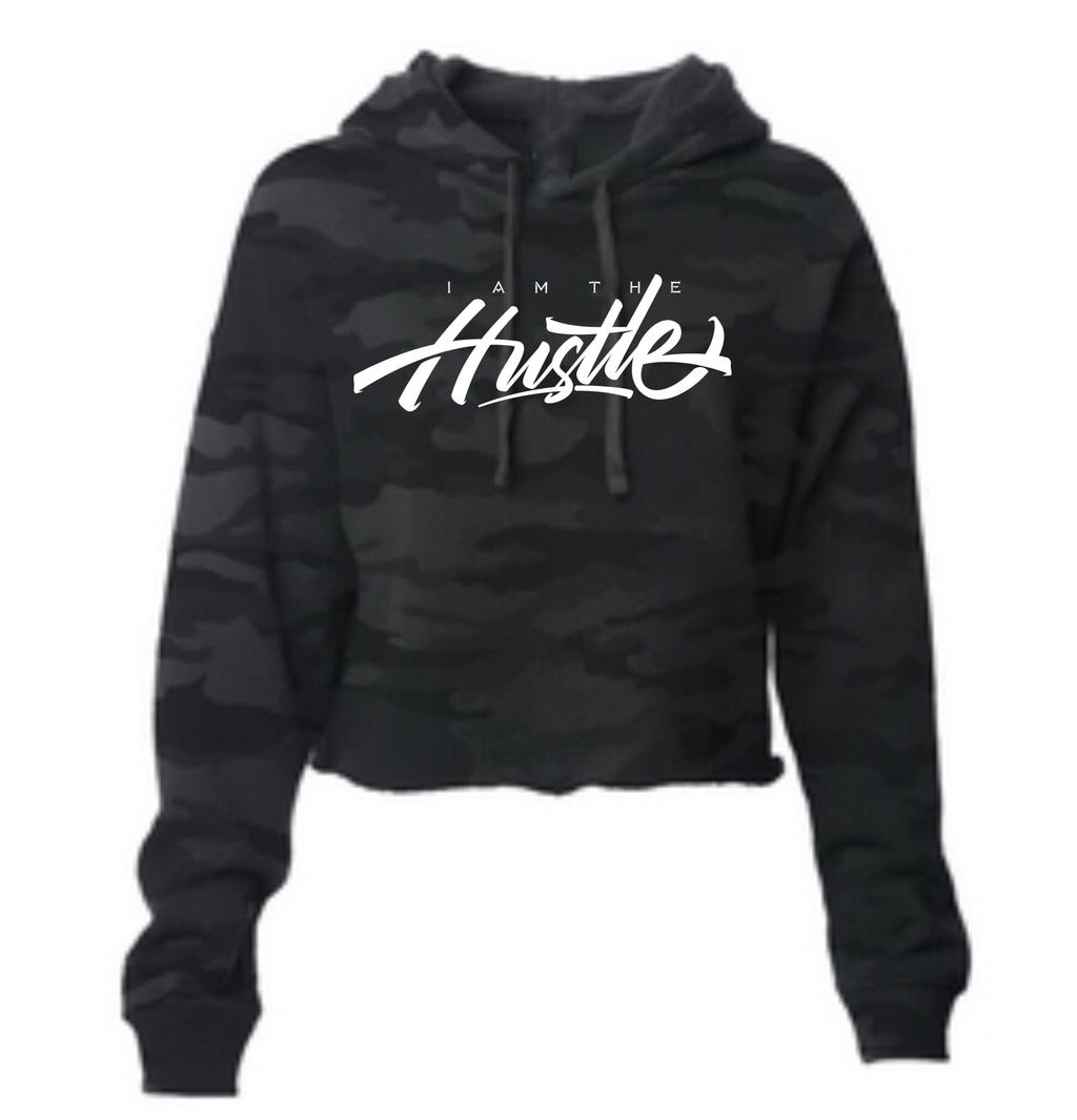 Ladies I Am The Hustle White Graffito - Black Camo Crop Hoodie-money_motivation_brand